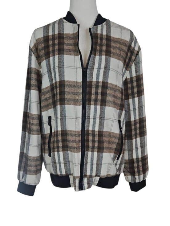 VIP Jackets & Blazers - Collegiate Plaid Bomber Jacket Milk Chocolate Brown Cream Black Academia Fall L